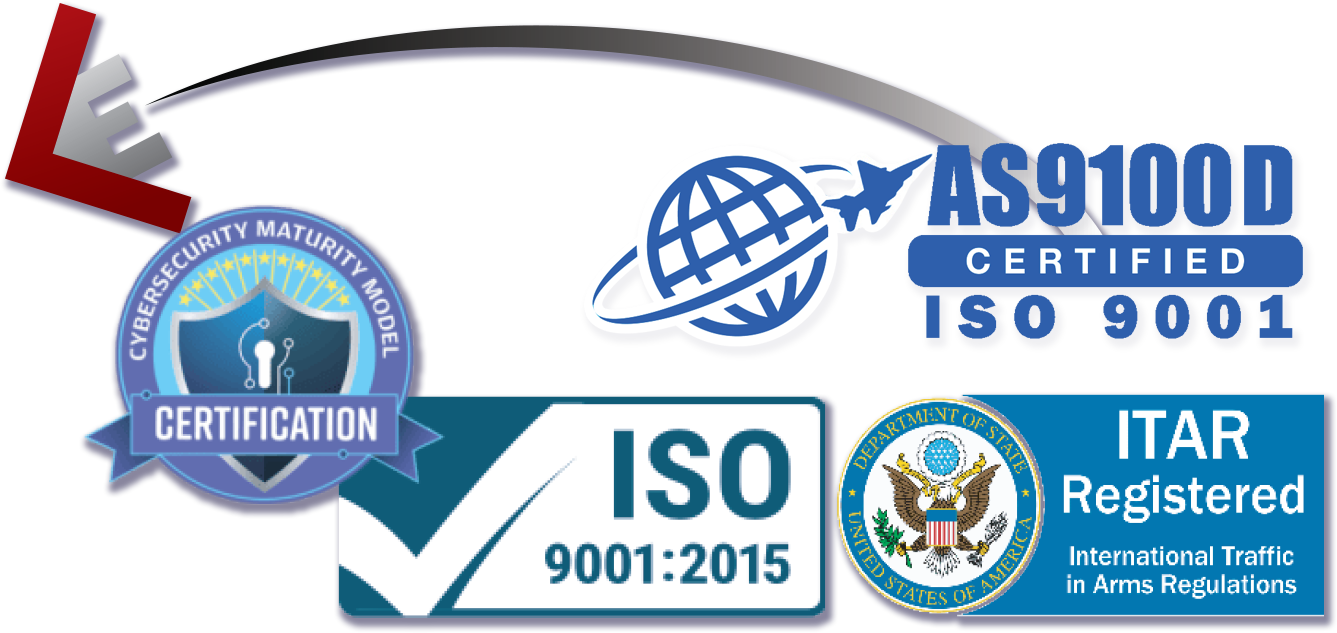 compliance-logos ISO certified, ITAR Registered, AS9100D and cybersecurity maturity model logos