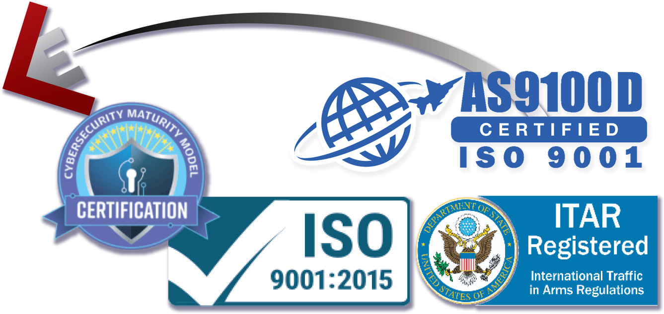 ISO certified, ITAR Registered, AS9100D and cybersecurity maturity model logos
